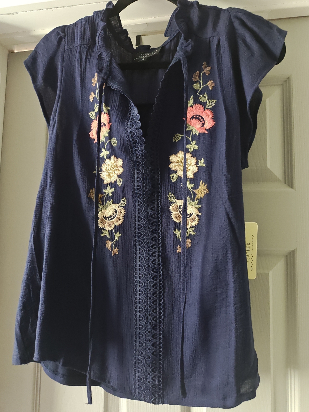 feathers Navy Embroidered Floral Peasant Blouse